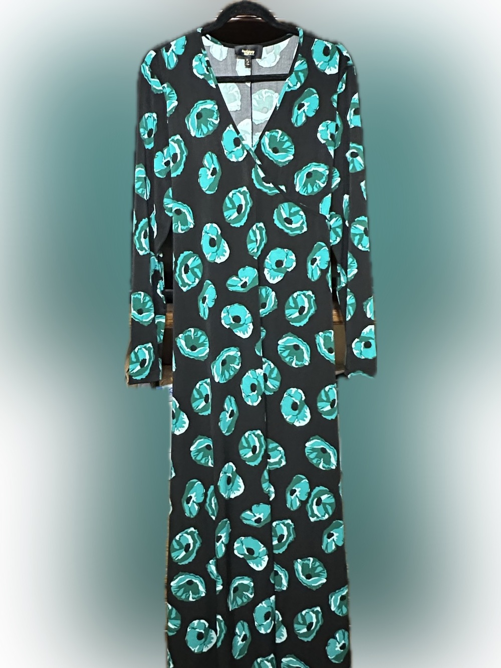 Twiggy London 1X Black Teal Floral Faux Wrap Maxi Dress Long Sleeve